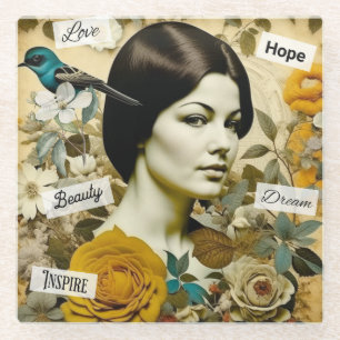 Love, Beauty, Inspire, Dream and Hope Vintage Lady Glass Coaster