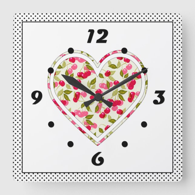 Love, berries, cherry square wall clock (Front)