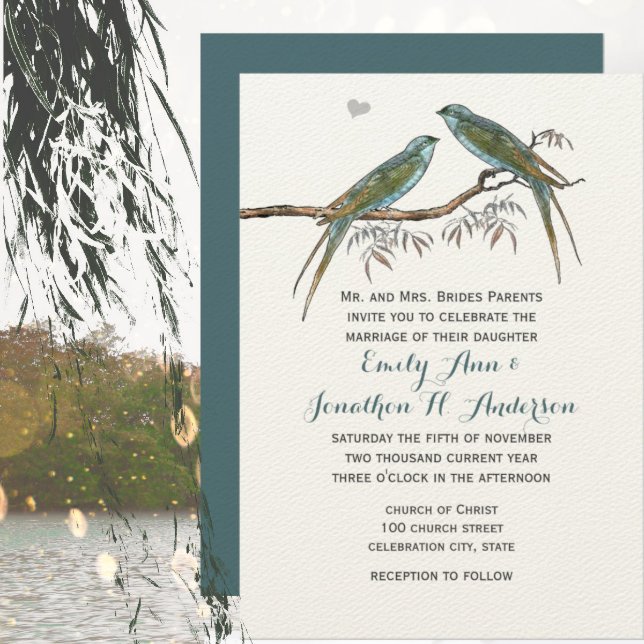 Love Bird Blue Green Forest Willow Grove Wedding  Invitation (Creator Uploaded)