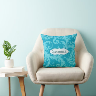 Love Bird Damask Bright Aqua Personalised Cushion