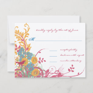 LOVE Bird Floral Pink and Blue Wedding RSVP Card