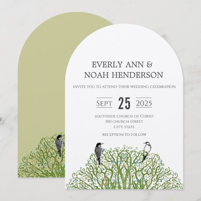 Love Bird Green Swirl Tree Wedding Invitation (Front/Back)
