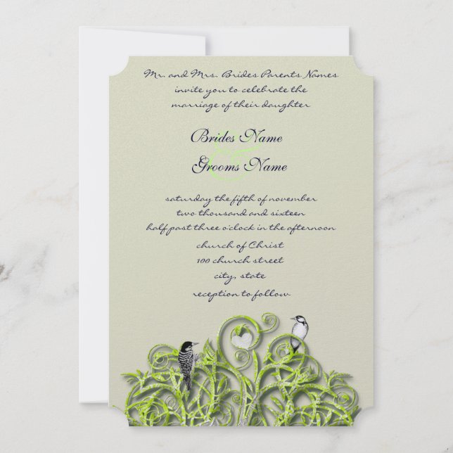 Love Bird Green Swirl Tree Wedding Invitation #2 (Back)