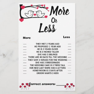 Love Bird More or Less Couples Shower Game Card 