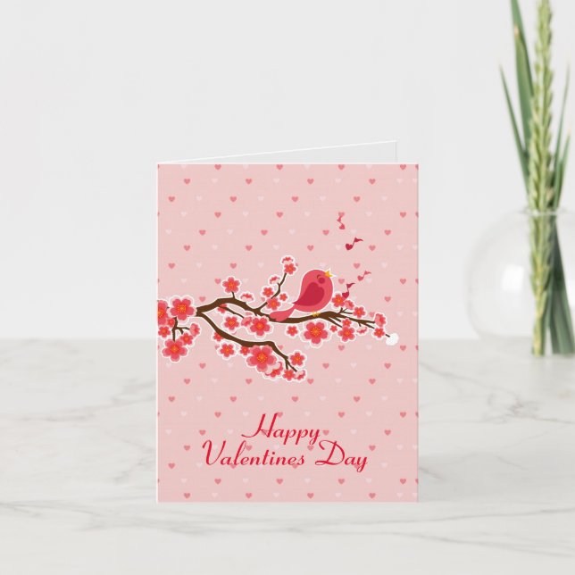 Love Bird On Floral Branch-Hearts Happy Valentines Holiday Card (Front)