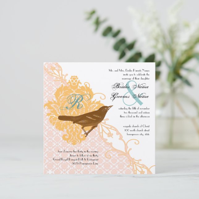 Love Bird Pink Apricot, Robin Egg Blue Damask  Invitation (Standing Front)