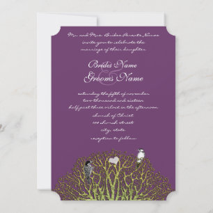 Love Bird Purple and Green Swirl Tree Wedding Invitation