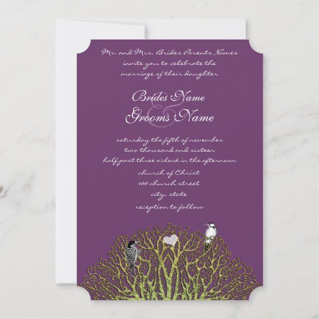 Love Bird Purple and Green Swirl Tree Wedding Invitation (Back)