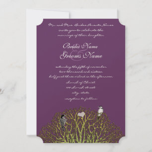 Love Bird Purple and Green Swirl Tree Wedding Invitation