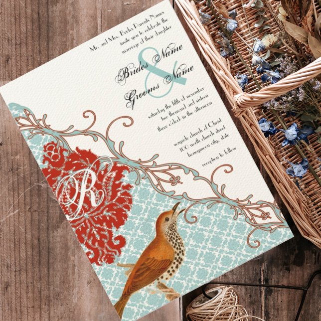 Love Bird Red (more red) Endive Damask Wedding Invitation (Creator Uploaded)