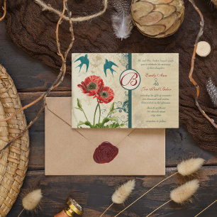 Love Bird Red Teal Lace Damask Poppy Wedding Invitation