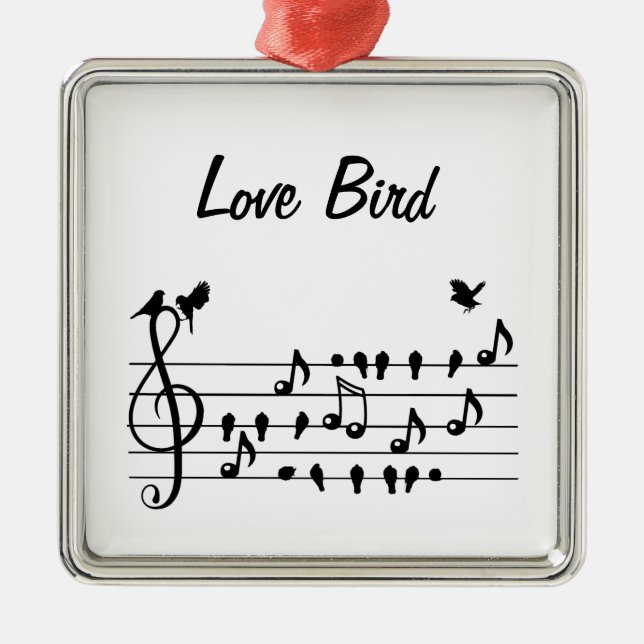 Love Bird, song birds sitting in between notes     Metal Tree Decoration (Front)
