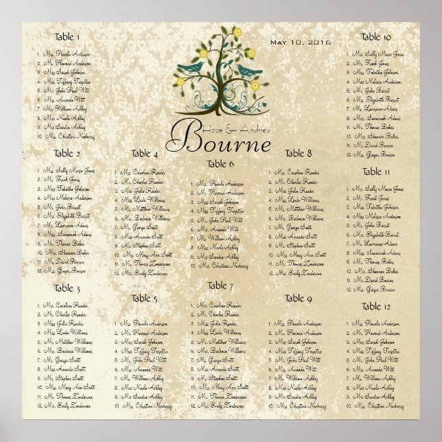 Love Bird Vintage Damask Seating Chart 12 Tables (Front)