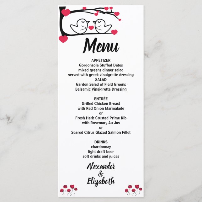Love Bird Wedding Reception Menu  (Front)
