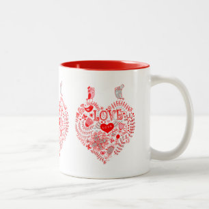 Love Birds And A Heart Made With Colourful Flowers Two-Tone Coffee Mug