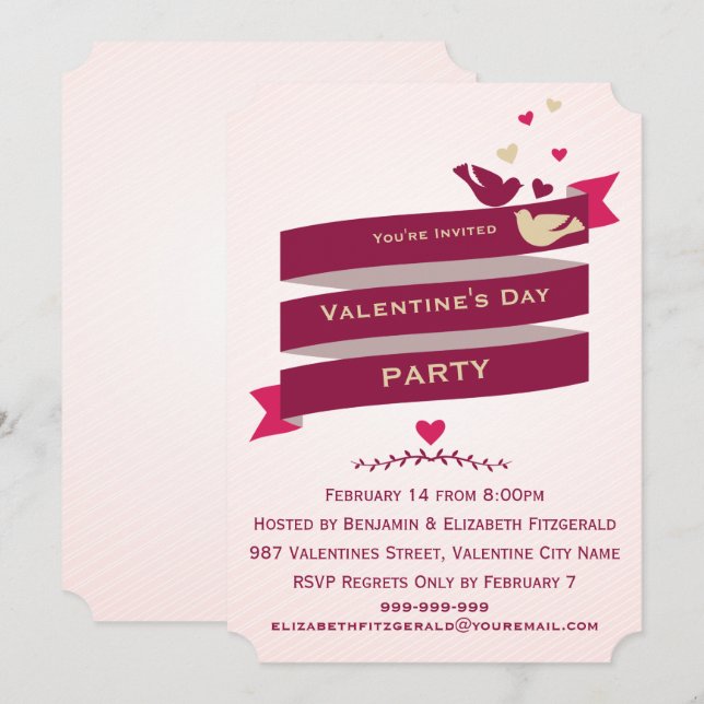 Love Birds and Hearts Banner Valentines Party Invitation (Front/Back)