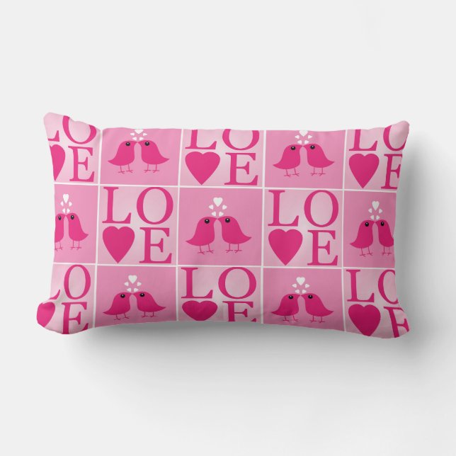 Love Birds and Pink Hearts Checked Lumbar Cushion (Front)