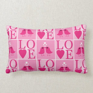 Love Birds and Pink Hearts Checked Lumbar Cushion