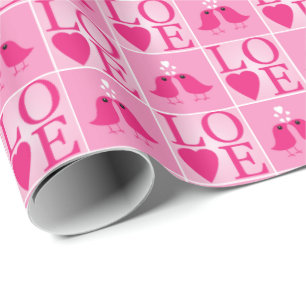 Love Birds and Pink Hearts Checked Wrapping Paper