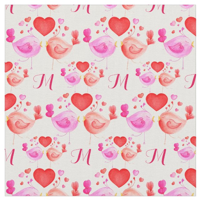Love birds art monogram textile repeat pattern fabric (Close Up)