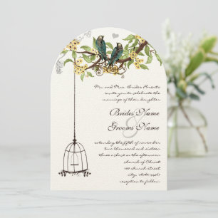 Love Birds Birdcage Yellow & Teal Blooming Tree Invitation