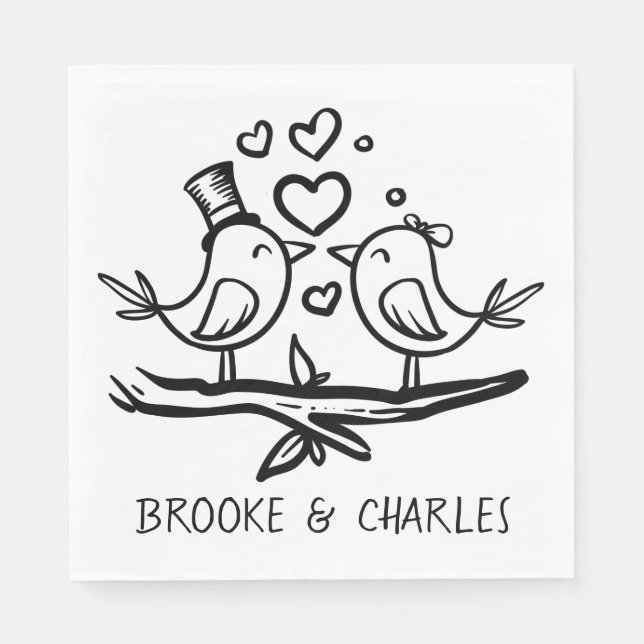 Love Birds Black White Wedding Lovebirds Napkin (Front)
