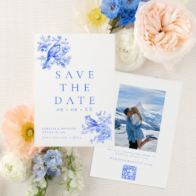 Love Birds Blue Chinoiserie QR Code Photo Wedding Save The Date (Creator Uploaded)
