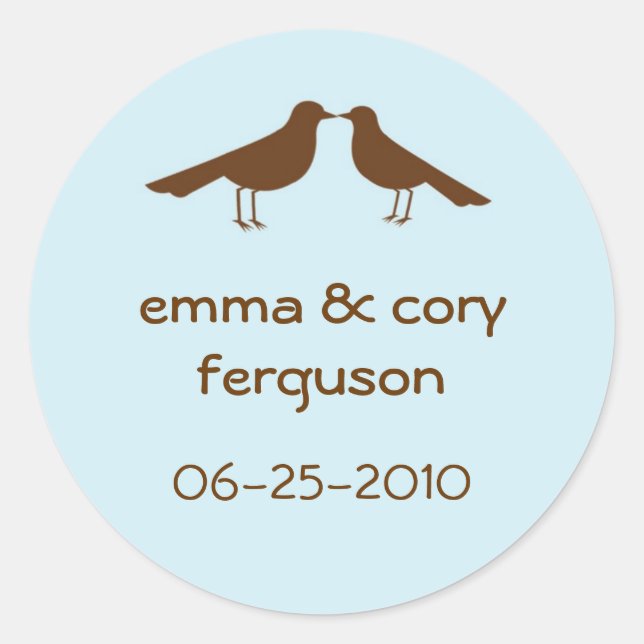 Love birds blue wedding favour name tag label (Front)
