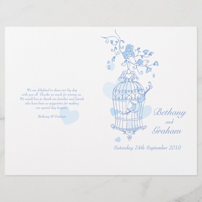 Love birds blue Wedding Programme (Front)