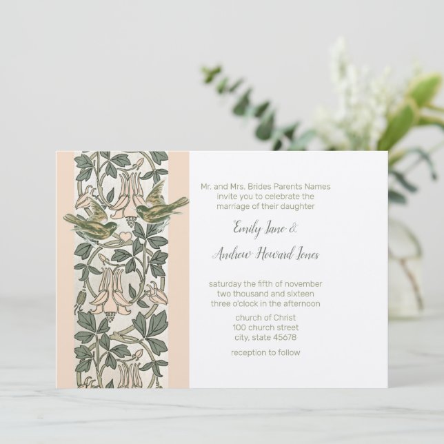 Love Birds Blush Pink HoneySuckle Floral Wedding Invitation (Standing Front)