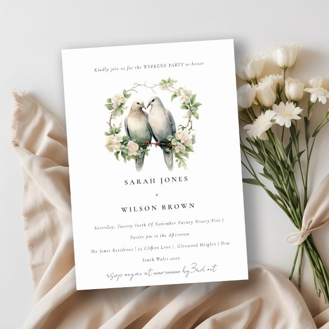 Love Birds Botanical Wreath Weekend Dinner Party Invitation (Creator Uploaded)