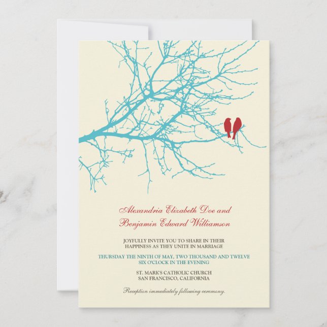 Love Birds Branch Wedding Invitation (aqua) (Front)