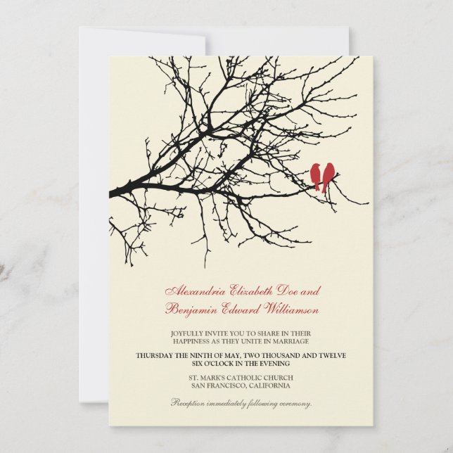 Love Birds Branch Wedding Invitation (black) (Front)