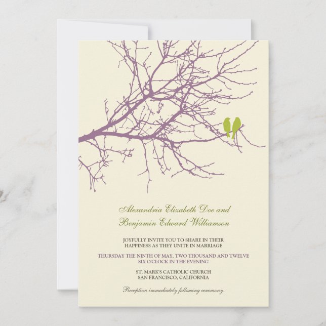 Love Birds Branch Wedding Invitation (lavender) (Front)