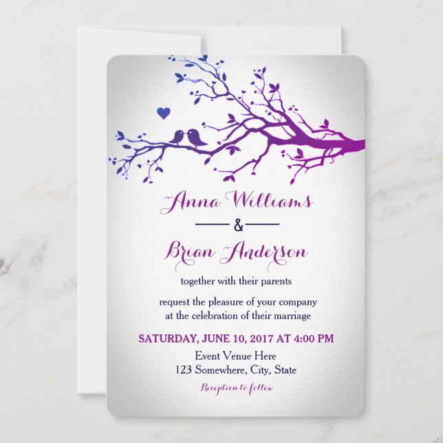 Love Birds Branches Purple & Navy Wedding Invite (Front)