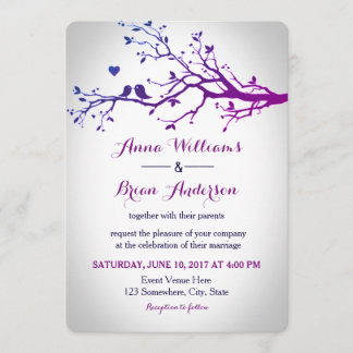 Love Birds Branches Purple & Navy Wedding Invite