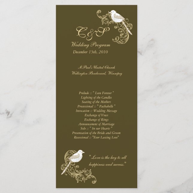 Love Birds Brown/Creme Wedding Programs Programme (Front)