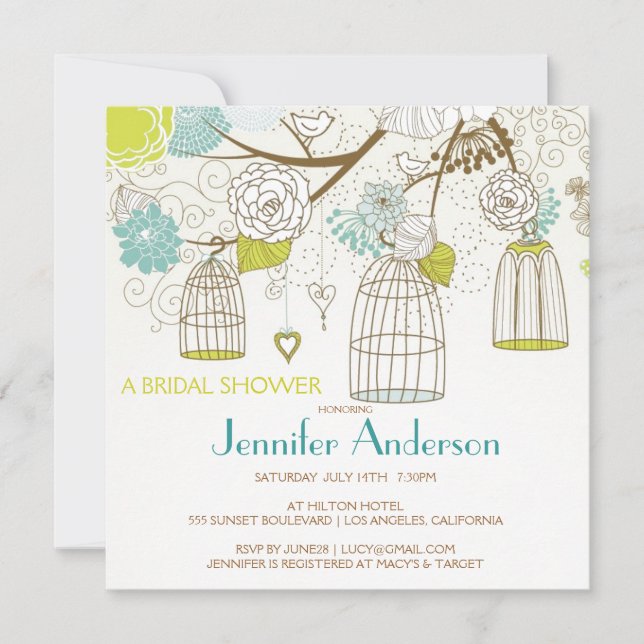 Love Birds Cages Flowers Tree Bridal Shower Invitation (Front)