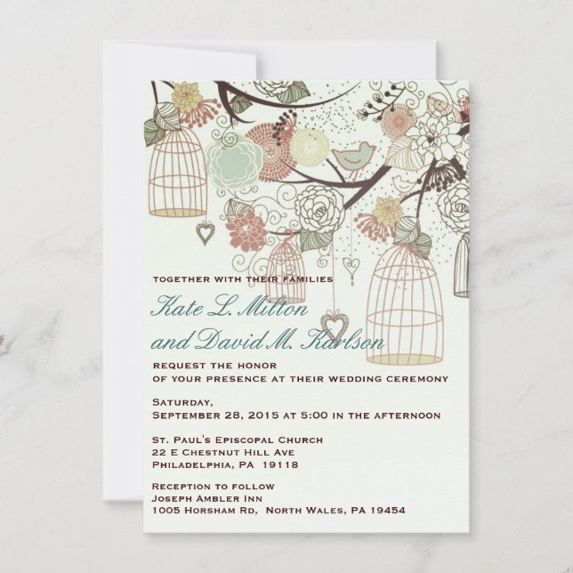Love Birds Cages Flowers Tree Wedding Invite (Front)