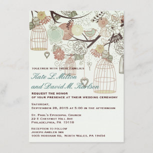 Love Birds Cages Flowers Tree Wedding Invite