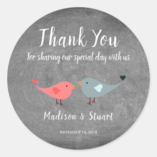 Love birds chalkboard Wedding Thank You Favour Classic Round Sticker (Front)
