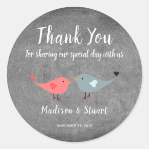 Love birds chalkboard Wedding Thank You Favour Classic Round Sticker