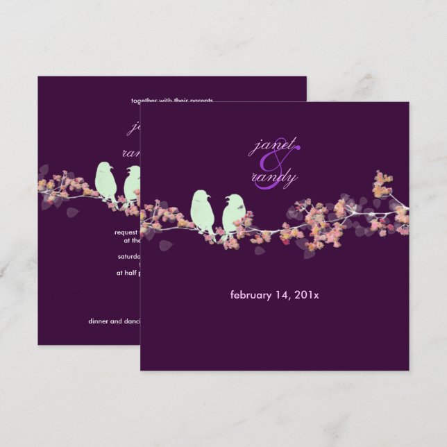 Love birds/colourful pink cherry/sakura blossoms invitation (Front/Back)