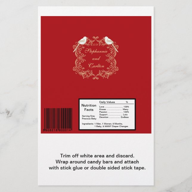 Love Birds Crimson/Creme Wedding Candy Wrapper (Front)