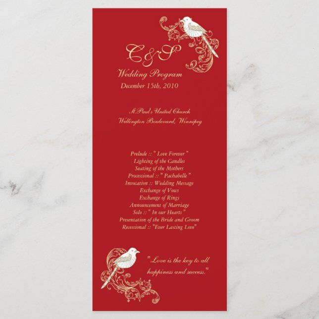 Love Birds Crimson/Creme Wedding Programs Programme (Front)