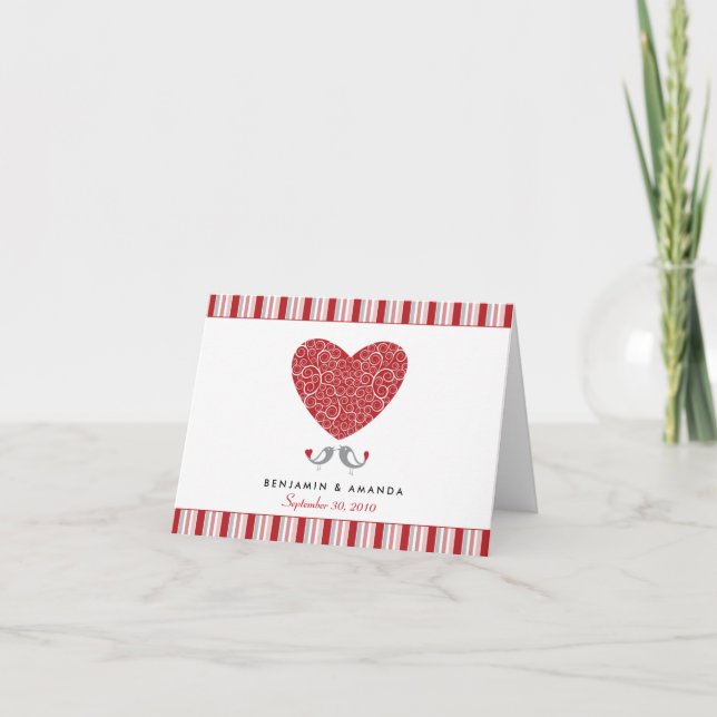 Love Birds Custom Striped Thank You Card (red) (Front)
