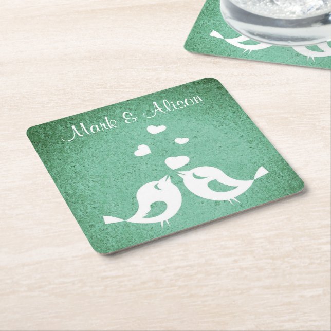 Love Birds Elegant Green Personalised Square Paper Coaster (Angled)