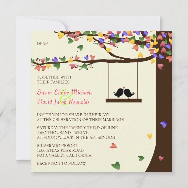 Love Birds Falling Colourful Hearts Oak Tree Invitation (Front)