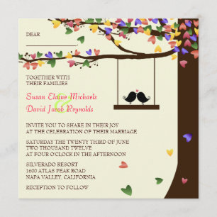 Love Birds Falling Colourful Hearts Oak Tree Invitation