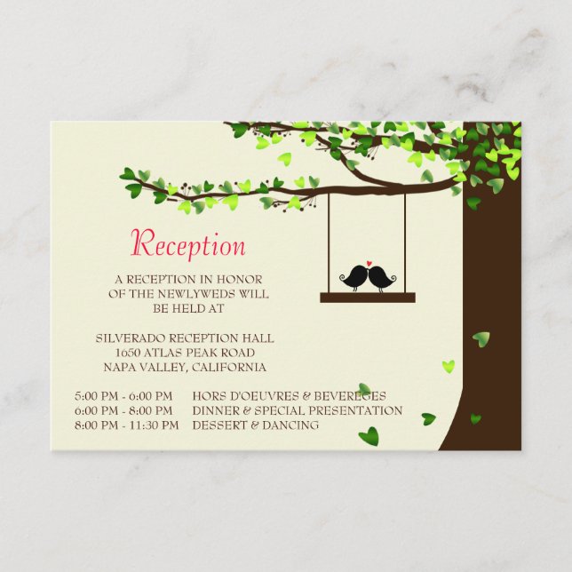Love Birds Falling Hearts Oak Tree Reception Card (Front)